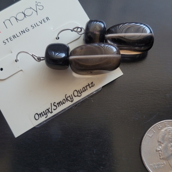 Macy's Sterling Silver Onyx and Smokey Quartz earrings - Picture 2 of 3